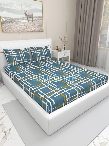 Image of Blue Strip 300 TC Cotton Feel Glace Cotton Flat Printed Queen Size Double Bed Bedsheet with 2 Pillow Covers,Size- 90 x 100 Inches