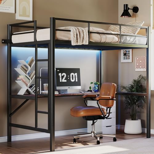 Kumgang Loft Bed Twin Size with Desk and Storage Underneath, Heavy Duty Twin Bunk Bed with Charging Station & LED Lights, Metal Loft Bed Frame for Kids Junior Adult