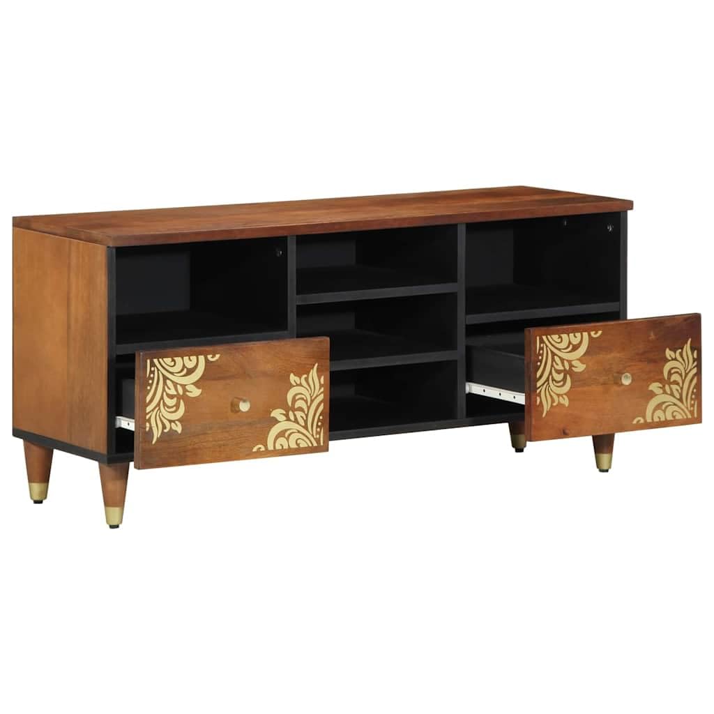 Mobile TV marrone miele in legno massello di mango 100 x 33 x 46 cm con cassetto, vano portaoggetti e bottoni in ottone per soggiorno home cinema e dispositivi multimediali