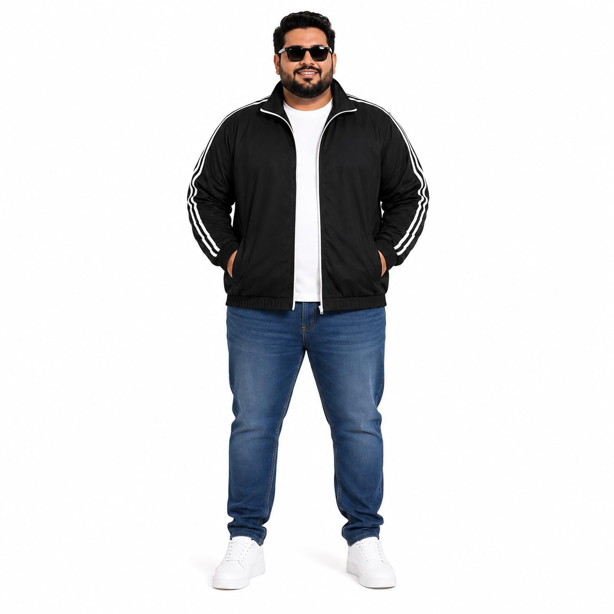 Men's Plus Size Black Tracksuit with White Stripe Detail (IN, Alpha, 5XL, Regular)-picture-26
