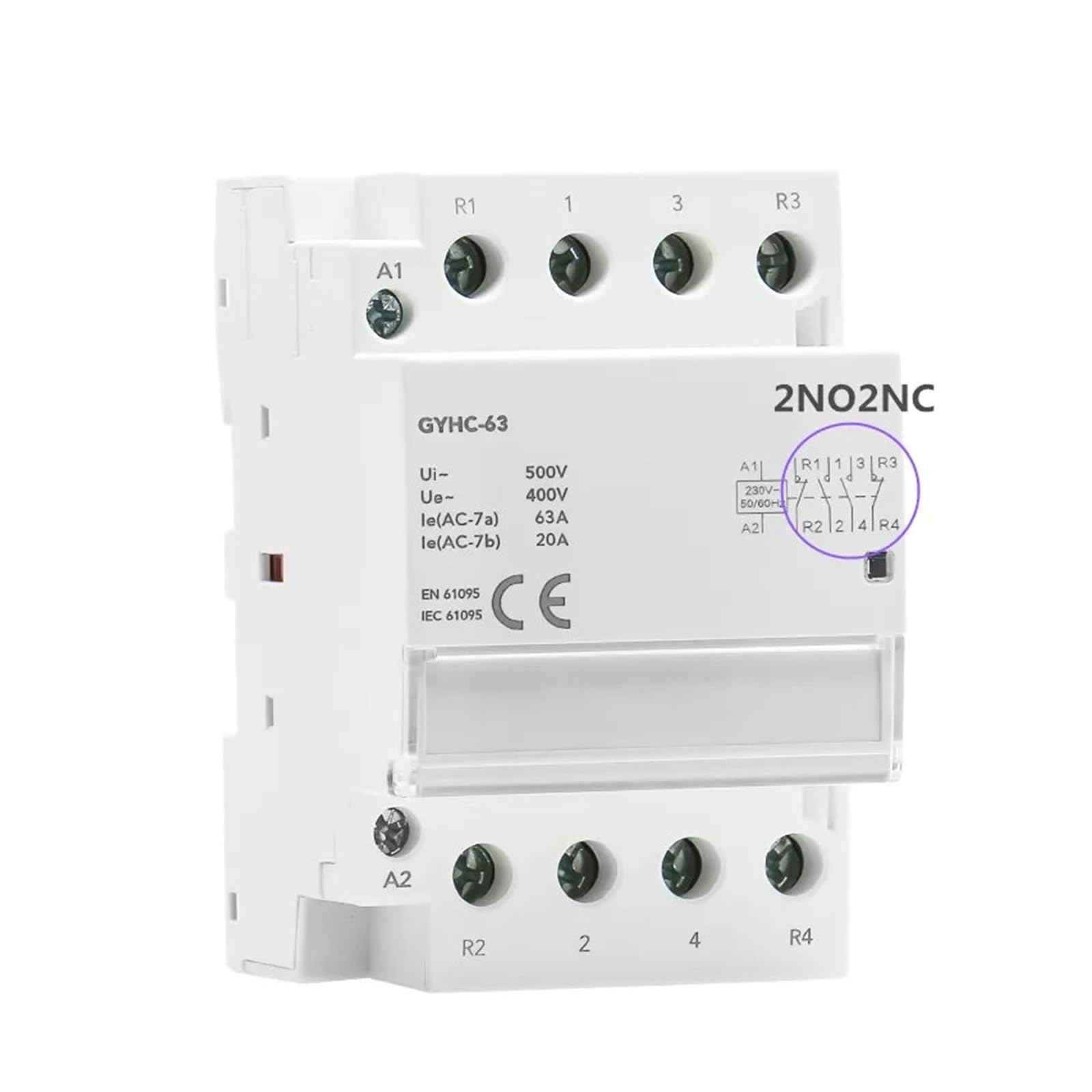 Modulares AC-Schütz 2P 4P 25A 63A 2NO oder 4NO oder 2NC2NO 220V/230V 50/60HZ DIN-Schiene Haushaltsschütztyp(4P 63A 2NO2NC)
