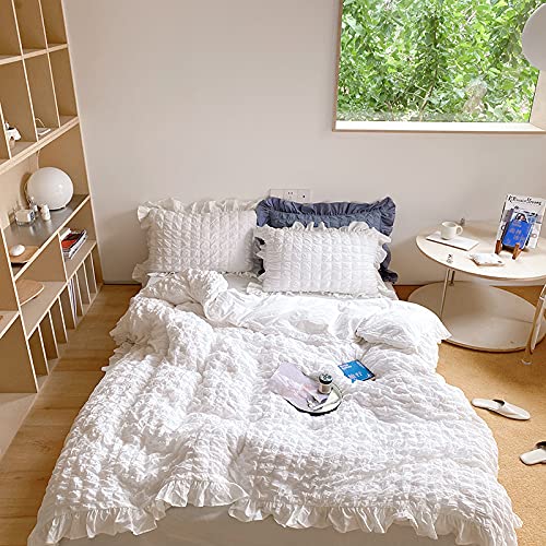 Topbdhomes 4 Pieces Bedding Sheets Set 100% Cotton Girls Teens Family Cream/ White Seersucker Duvet Cover And Pillowcases With Ruffles Full Queen Size Bed Covers Sets (30Ysl-9-2White, Full Size 4Pcs) #TOP1