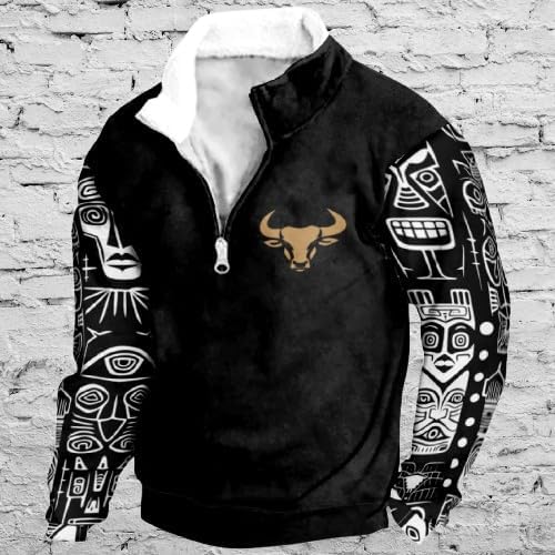 Aztec Ethnic Hoodies For Men Tribe Graphic 1/4 Zip Collared Pullover Vintage Big and Tall Casual Sweatshirts - Image 2