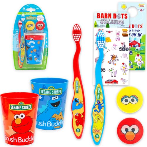 Sesame Street Toothbrush and Cup 2 Pk for Kids - 6 Pc Bundle with Big Bird Toothbrushes Cookie Monster Cups Stickers More for Boys Girls Toddlers | Sesame Street Toothbrush Set (Styles May Vary)
