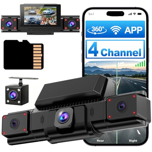 Image of 4 Channel 360 Dash Cam Front Rear Inside and Left Right | 3 inch IPS Screen, WiFi & App Control, 24H Parking Mode, 8 IR Lamps Night Vision, WDR, G-Sensor, Includes 32GB SD Card