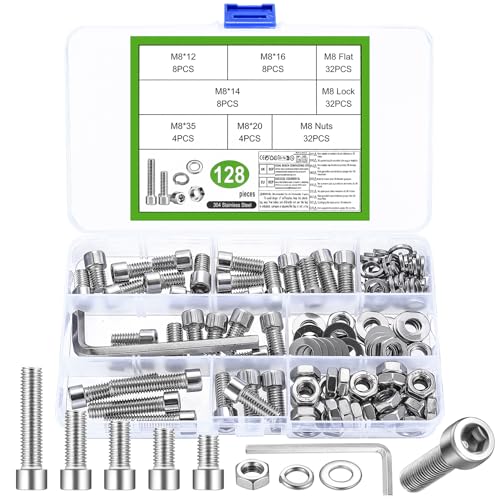 Lot de 128 vis M8, boulons à tête cylindrique, jeux d'écrous, vis hexagonales en acier inoxydable, ensemble et rondelles, vis à six pans creux avec...