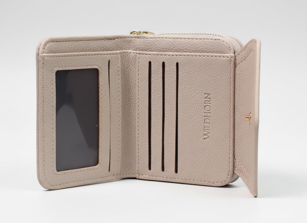Image of WildHorn Women's Wallet | Premium Vegan Leather Ladies Purse with Zip Coin Pocket & Snap Button | Compact Wallet with Card Slots & ID Window (Beige)