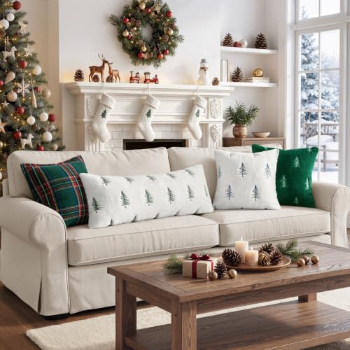 Image of MIULEE Christmas Lumbar Long Faux Fur Pillow Cover 14x36 Inch White Green