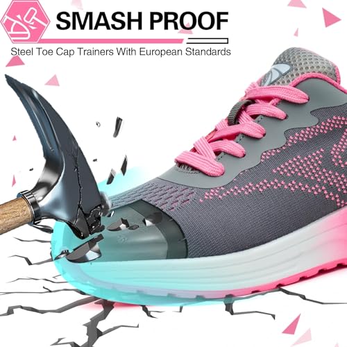 Wuayami Scarpe Antinfortunistiche Uomo Donna Leggere Scarpe Da Lavoro Con Punta In Acciaio Leggere Traspiranti Scarpe Sicurezza Comode, Rosa, 36 Eu - 3