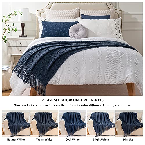 Battilo Home Navy Throw Blanket With Fringe Geometric Bed Blue Throws Spring Decorative Large Throw For Couch Sofa Indoor Outdoor (Navy, 52"X80") #TOP5