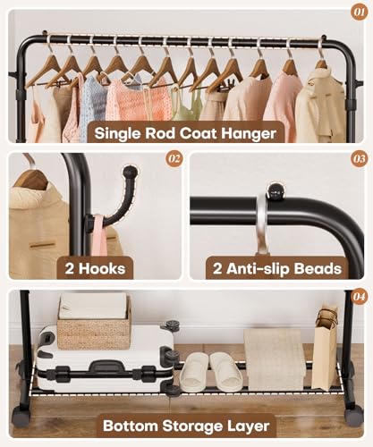 Homde Heavy Duty Clothes Rack: 120lb Standing Garment Storage for Indoor - Rolling Hanging Rod for Bedroom Laundry Room - Coat Dress Organizer on Wheels with luggage shelf (Black, 46.5") thumbnail 6