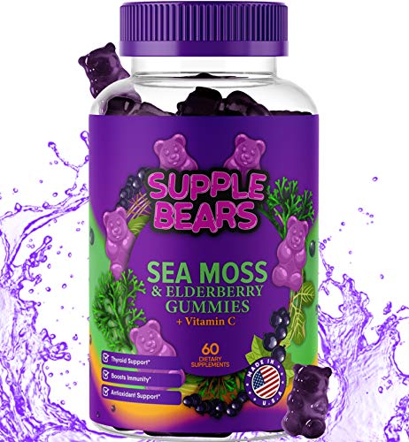 SuppleBears Irish Sea Moss & Elderberry Gummies - Vitamin C + Zinc  Extra Strength Immune & Thyroid Support Booster for Kids & Adults - 60 Gummies - Made in The USA