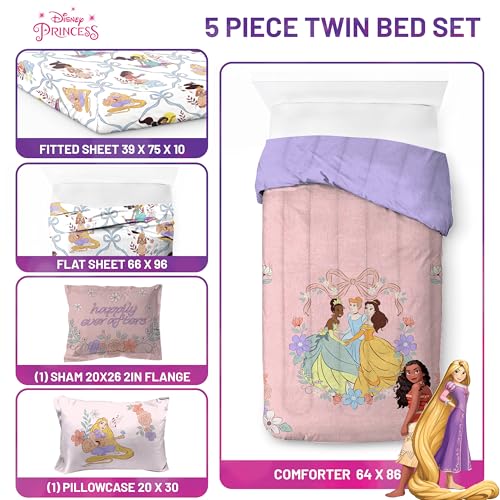 Image of Disney Princess Twin Comforter Set 5 Piece Kids Bedding for Girls, Pink | Cinderella Rapunzel Belle, Bed in a Bag, Comforter Sheets Sham Pillowcase, Soft Microfiber, Machine Washable, Girls Gift