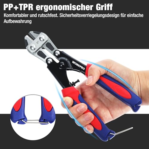 WORKPRO Bolzenschneider 210mm, bis Ø2,3mm, CR-MO/Gummigriff, Mini Seitenschneider mit Schloss