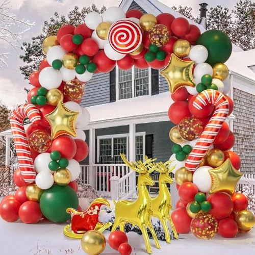 Christmas Balloon Garland Arch Kit with 138 Pcs Red Green Sequin Balloons with Candy Cane Balloons Gold Star Moose Sleigh Balloon for Kids Xmas Birthday New Year Decorations (Red) - Image 3