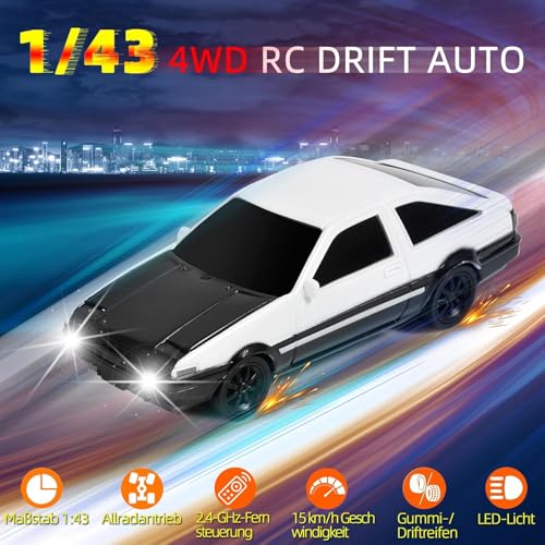 Image of FEXXA 1 /43 Scale RC Drift Race Car Gyro 4WD Ready to Go Mini Remote Control Car High Speed Model (1:43 Toyo ta AE86 Trueno-Black /White)