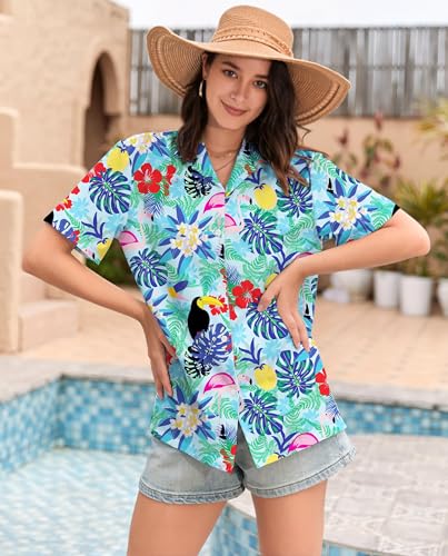 Image of SANGTREE Girls & Women's Hawaiian Shirts Button Down Short Sleeve Floral Tropical Shirt Beach Vacation Blouse Tops