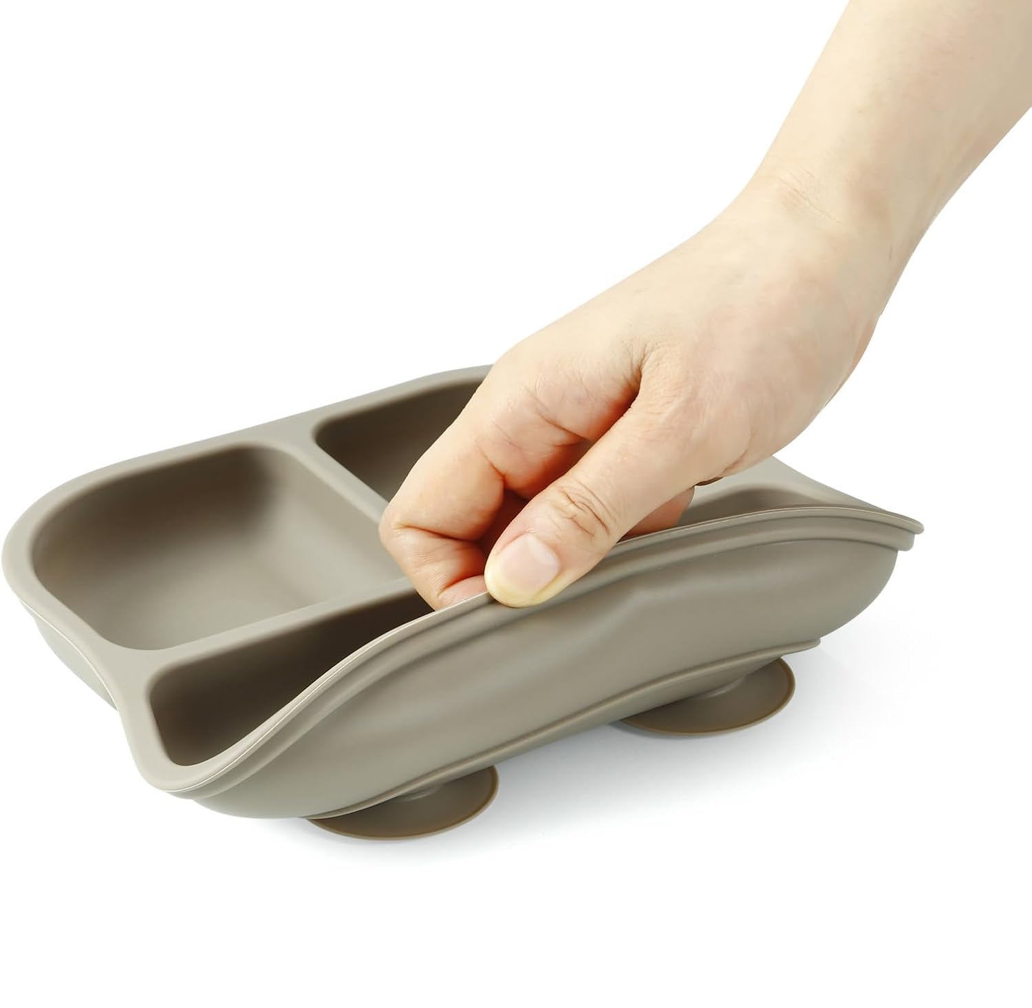 PandaEar Platos de Succión para Bebés, Juego de 3 Platos y Cucharas de Silicona para Bebés, Niños Pequeños e Infantes, Plato Dividido con Succión para Niños Pequeños (Azul/Roja/Marrón)