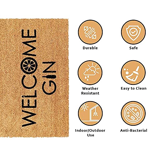 Image of Onlymat inchWelcome Gin Printed Doormat, Anti-Slip Coir with PVC Backing (75x45cm), Black /Brown - Rectangular Rug for Entryway, Outdoor, Home, Door, Floor, Hall & Living Room Use