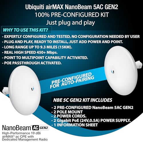 Image of Wireless Bridge NBE-5AC-GEN2 PRE-CONFIGURED Bundle of 2 Ubiquiti NanoBeam Wireless Bridge 5AC GEN2 WITH 1 Mesh Access Point Wide Area Outdoor /Indoor Wi-Fi, Plug and Play, 450+ Mbps Speed, 15+ km Range