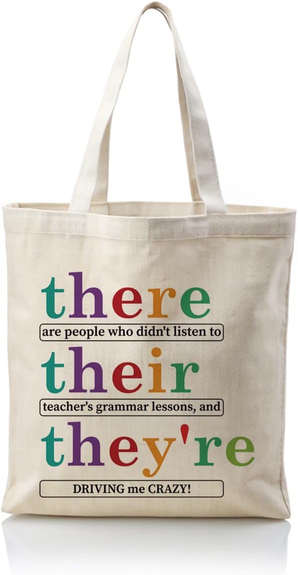 Teacher Canvas Totes, Their There They're Canvas Totes for English Teacher, Funny English Teacher Gift, Reusable Cloth Cotton Tote Bags, Casual Cotton Tote Bag for Work, Travel & Daily Use