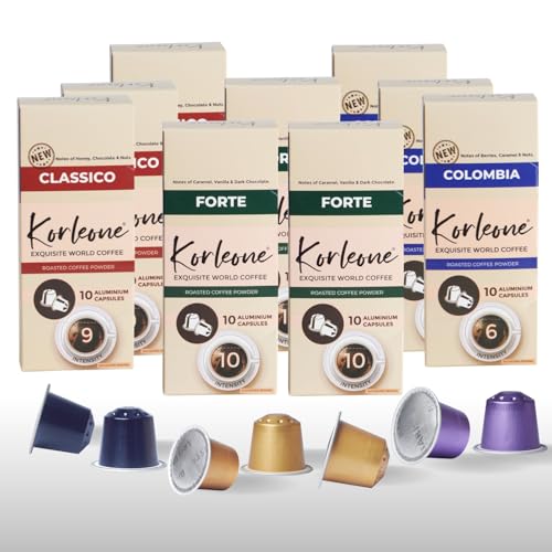 Image of KORLEONE Nespresso Compatible Coffee Pods - Colombia, Classico & Forte - 150 Capsules (Pack of 15) - Intensity 6 /9 /10 - Medium to Dark Roast