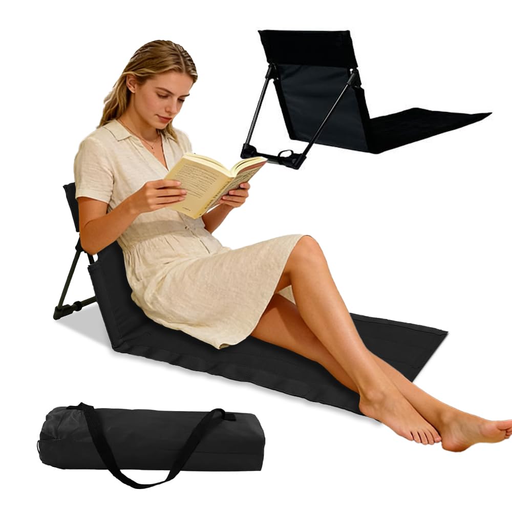 Esterilla de Playa Plegable, Sterilla de Playa con Respaldo, Portátil Sillón de Playa con Respaldo con Funda de Transporte, para Camping, Actividades al Aire Libre, Playa y Viajes (Negro)