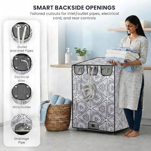 Image of Star Weaves Front Load Fully Automatic Washing Machine Cover for 6 kg, 6.5 kg, 7kg & 7.5 kg (Black & White) | Waterproof & Dustproof Polyester Fabric with Zipper | Protection Cover | 59 x 59 x 86 cms