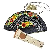 Abanico Plegable de Madera con Flores Pintadadas a Man con Funda y Cuelga Abanicos. Funda de Lona con Crermallera y Cuelga Abanico Metálico (Eclipse Floral)