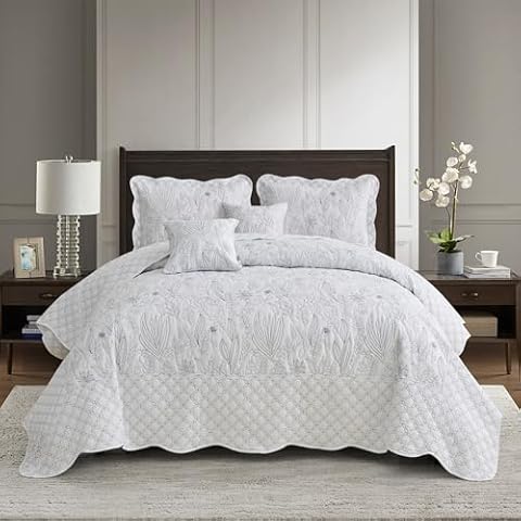 CHIXIN Botanical Oversized Bedspread King Size - Leaves Pattern Stitching Quilt Set - Elegant & Fresh Style Bedding Coverlets, Reversible, Lightweight, 5 Piece, White Cover