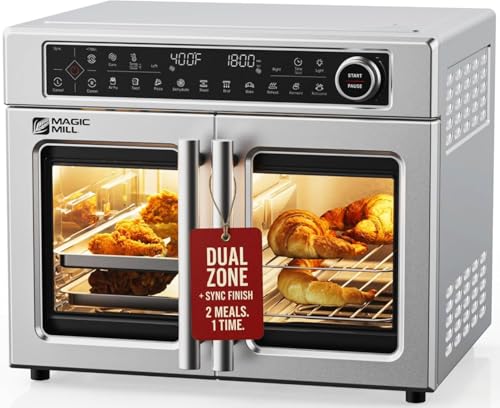 Image of Magic Mill Ultra-Premium Dual-Zone Stainless Steel Air Fryer Toaster Oven Combo, Extra Large 32QT French Door Convection Oven with Next-Gen Patent Technology, 13 Accessories, Rotisserie, Sync Finish