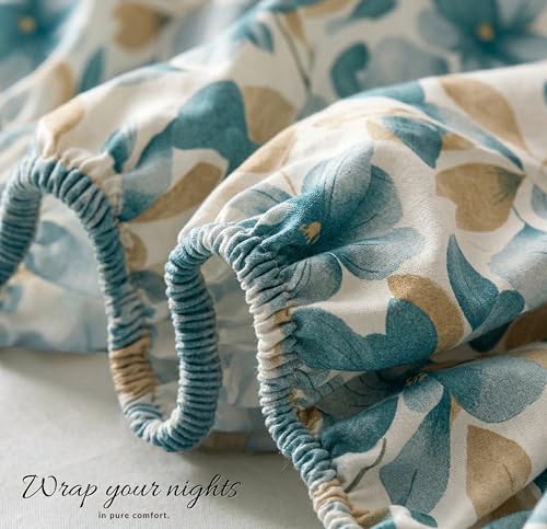 Image of VAS COLLECTIONS Cloud Cotton Corner Elastic Fitted Double Bedsheet Set (78 x 72 + 8 Inches) with 2 Pillow Covers | 160-180 TC Soft Breathable Cotton Fitted Sheet | Bed Sheet (Blue Petal Garden)