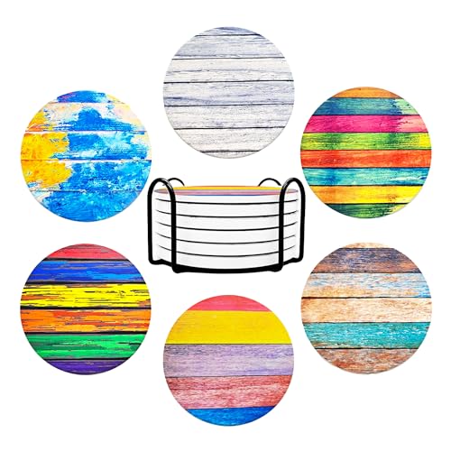 Image of The Better Home Coaster Set of 6 | Ceramic Drink Coasters with Cork Steel Holder | Dining Table Decor Accessories for Cups, Coffee Mugs, and Glasses | Attractive Multicolor Design