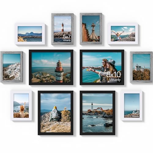 Image of Vittanly 12 Pack Picture Frames Collage Wall Decor for Mounting or Tabletop Display, Gallery Wall Frame Set for Family, Multi Sizes Including 4pcs 8x10, 4pcs 5x7, 4pcs 4x6, Black, Grey and White