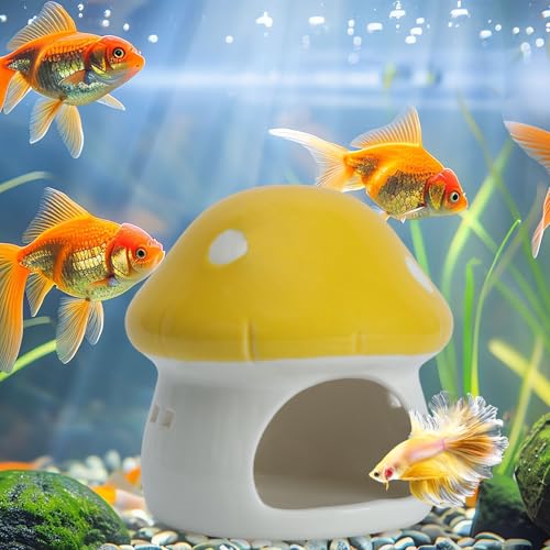 Image of Ceramic Mushroom House Betta Fish Tank Decor - Cute Aquarium Cave Hideout for Shrimp & Small Fish, Non-Toxic Safe Ornament for 5-20 Gallon Tanks (Yellow)