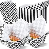 200 Pieces Checkered Food Tray Race Car Disposable Paper Food Tray with 200 Black and White Checkered Wax Paper Deli Liner Paper Food Boats Check Food Serving Tray for Race Car Birthday Party Supplies