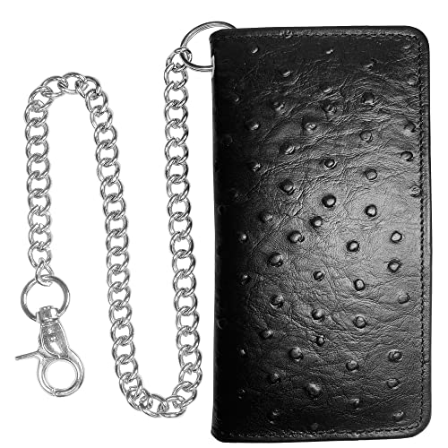 Image of CLASSIC Motorcycle Chain Wallet for Men - Premium Cowhide Leather, RFID Bi-Fold Biker Wallet with Heavy Duty Chain for Bikers Truckers & Hunters, Credit Card Money Organizer Long Wallet Ostrich Black