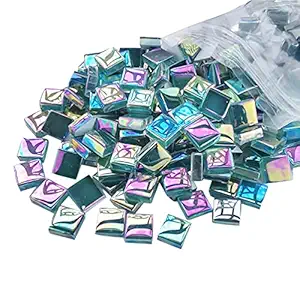 Focal20 Mosaic Tiles Square Iridescent Crystal Mosaic Glass Tile for Crafts, Mosaic Pieces DIY Picture Frames Handmade Jewelry Art Decoration Gifts,100 Pieces (Cyan)