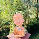 Simabsie Face Planter Pots, Resin Face Planter for Indoor/Outdoor Plants,Head Planter with Drainage Hole/Removable Saucer,Girl Holding Coffe (Coffee, Skin)