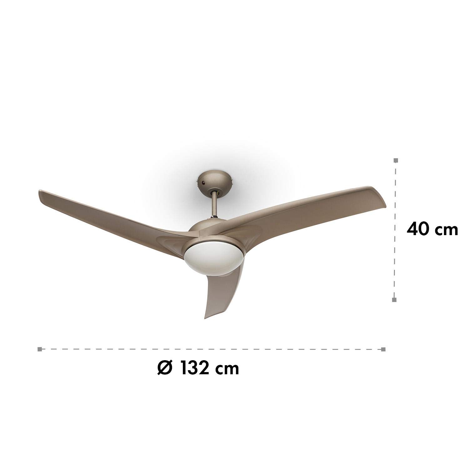 Klarstein Figo Wentylator sufitowy - 2w1: wentylator i lampa sufitowa (2 x 42 W), Średnica: 52" (132 cm), 3 łopaty, Przepływ powietrza: 9018 m³/h, 2 kierunki obrotu, 3 poziomy prędkości, wygląd tytanu