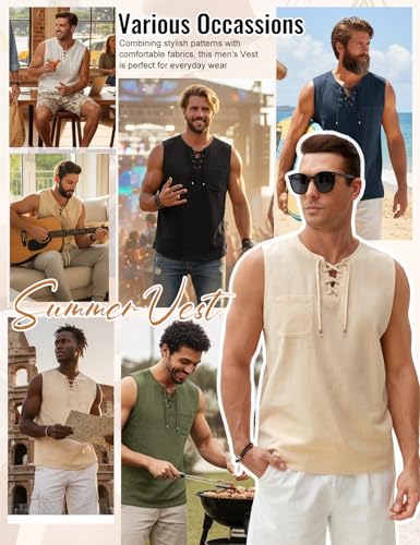 Lonya Men's Vests Tops Summer Cotton Beach Tank Top Sleeveless Tshirt for Casual Home Holiday Travel Khaki,S - Image 4
