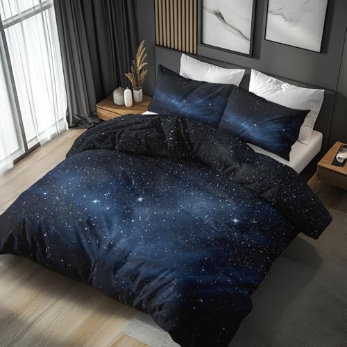 FJWXCBD Starry Sky Bedding Full Size Duvet Cover Set 3 Piece, Space Galaxy Bedroom Decor, Universe Star Duvet Cover & 2 Pillow Shams, with Zipper & Ties, Super Soft Microfiber
