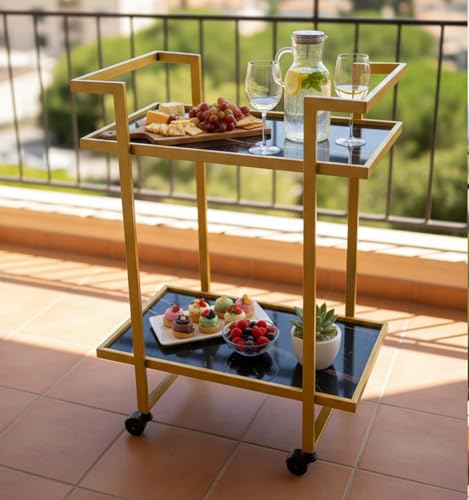 Image of Elegant Golden Iron Bar Cart Trolley with Wheels Serving Trolley for Home Kitchen Dining Hotel Restaurant Modern Furniture