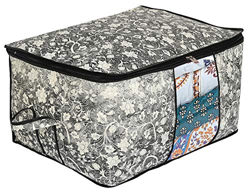 Image of Kuber Industries Flower Design Non-woven Underbed, Strorage Organizer With Transparent Window- Pack of 12 (Grey & Cream)-44KM0484