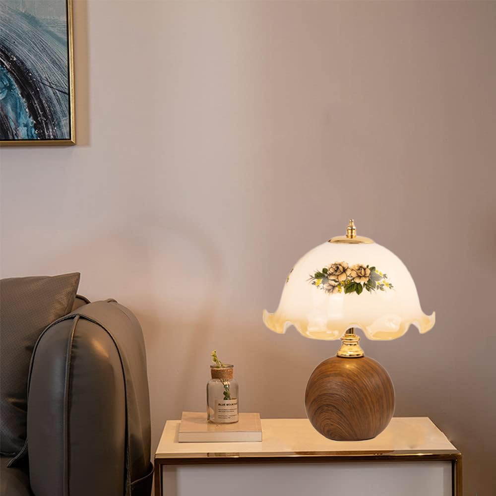 Mengjay Lampe de Table avec Abat-Jour en Verre,Lampes de Chevet Chambre Vintage,Pied en Céramique,Déco Lampe de Bureau Intérieur pour Chambre,Salon,Bureau,Hôtel,Café (A)