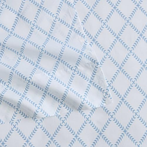 Image of Martha Stewart - Queen Size Sheet Set, Crisp & Tailored Sheets with a Smooth Cotton Percale Feel - Striped Bed Sheets with Matching Pillowcases & Fitted Sheet (Leaf Trellis Blue)