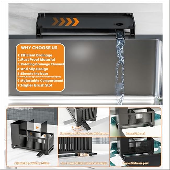 Rustproof Kitchen Sink Organizer for Countertop,Multifunctional Sink Organizer Caddy & Organization,Scrub Brush and Sponge Holder,Plastic Sink Storage Rack,Sponge Drain Rack,Dish Soap Dispenser,Black