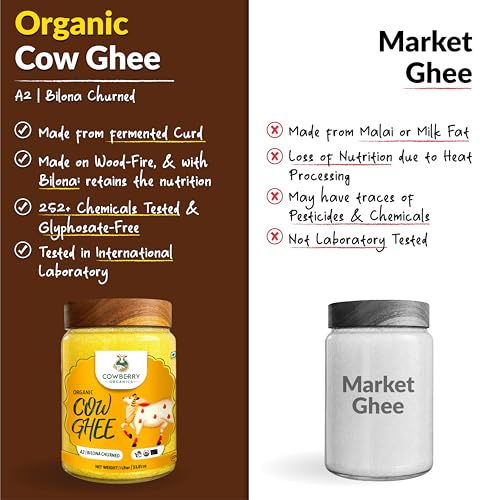 Image of COWBERRY Organic A2 Cow Ghee /Vedic Bilona Desi Ghee 1 L, Free-Grazing Native Cows | Cultured-Curd Hand-Churned | NPOP India, NOP USDA, EU Organic Certified | Lab-Tested 252+ Chemicals & Glyphosate Free