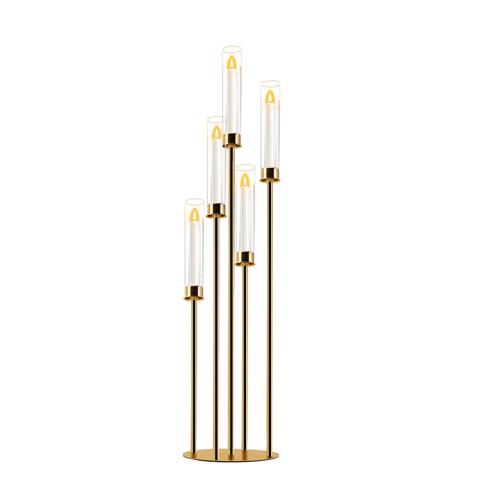 Gold 5 Arm Cluster Taper Candle Holder with Clear Glass Shades and White Wax Taper Candles, Metal Candlestick Arrangement (1, Gold, 33.5'')