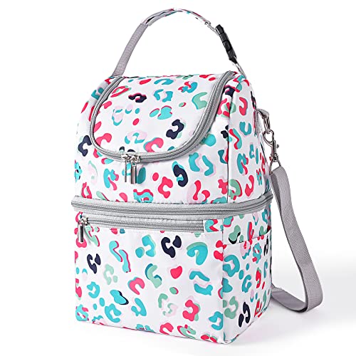 Image of Breastmilk Cooler Bag - Cooler Bag for Nursing Moms Multi-Function, Insulated Baby Bottle Cooler Tote Bag with Double Compartments - Fits 6 Baby Bottles Up to 9 Ounce - White Leopard